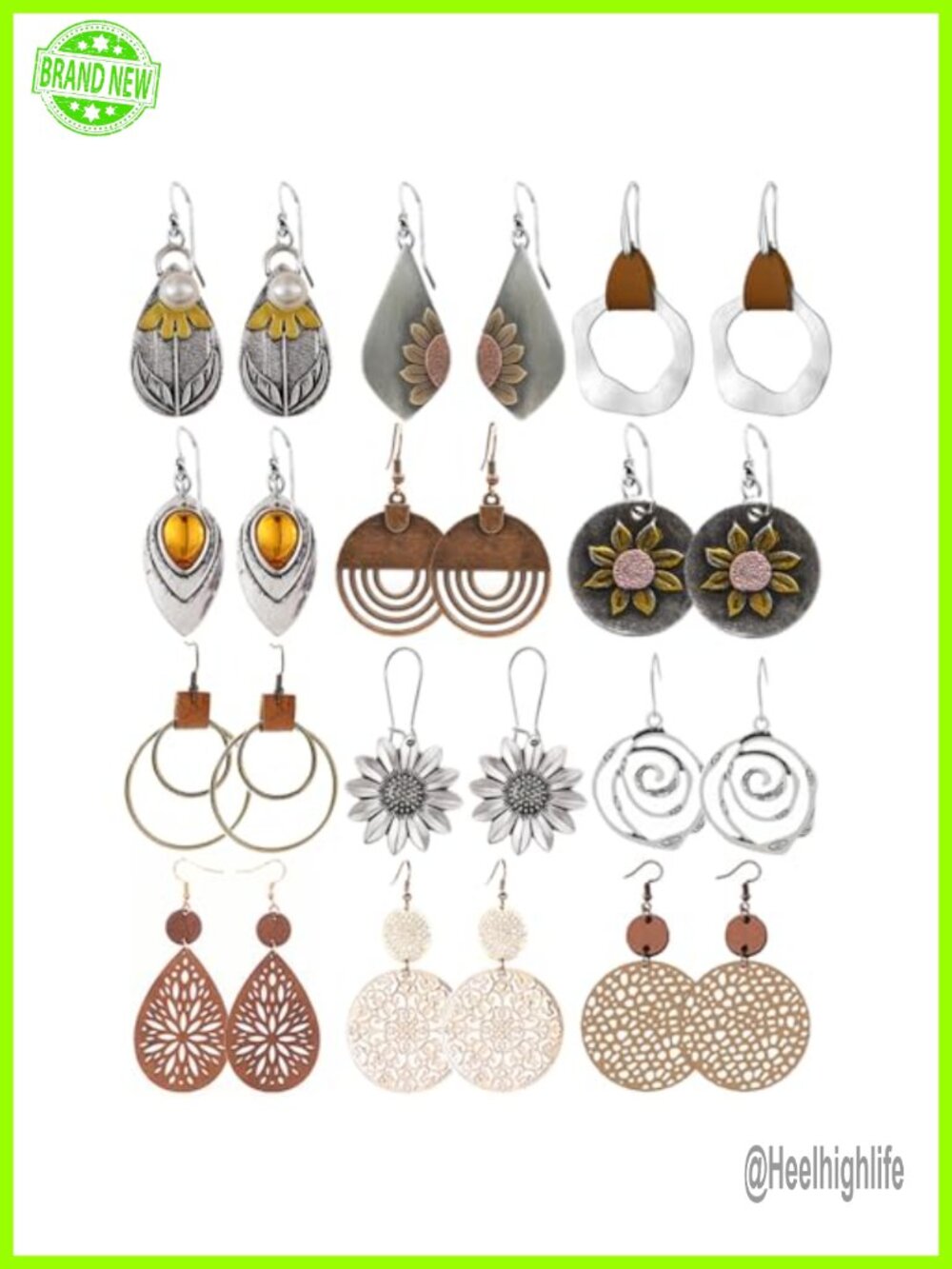 Boho Vintage Geometric Round Wooden Leather Drop Dangle Earrings Set 12 Pairs